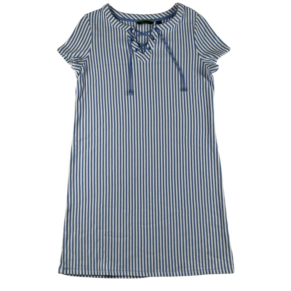 C Wonder T-Shirt Dress Womens Medium Blue Stripe Lace Up Short Sleeve Knit